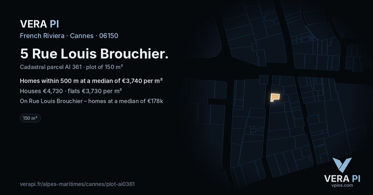 5 Rue Louis Brouchier, Cannes at night – the plot lit, the parcels around coloured by the prices near them