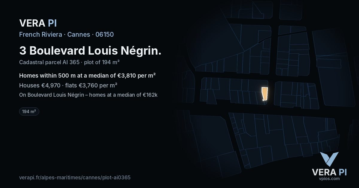 3 Boulevard Louis Négrin, Cannes at night – the plot lit, the parcels around coloured by the prices near them