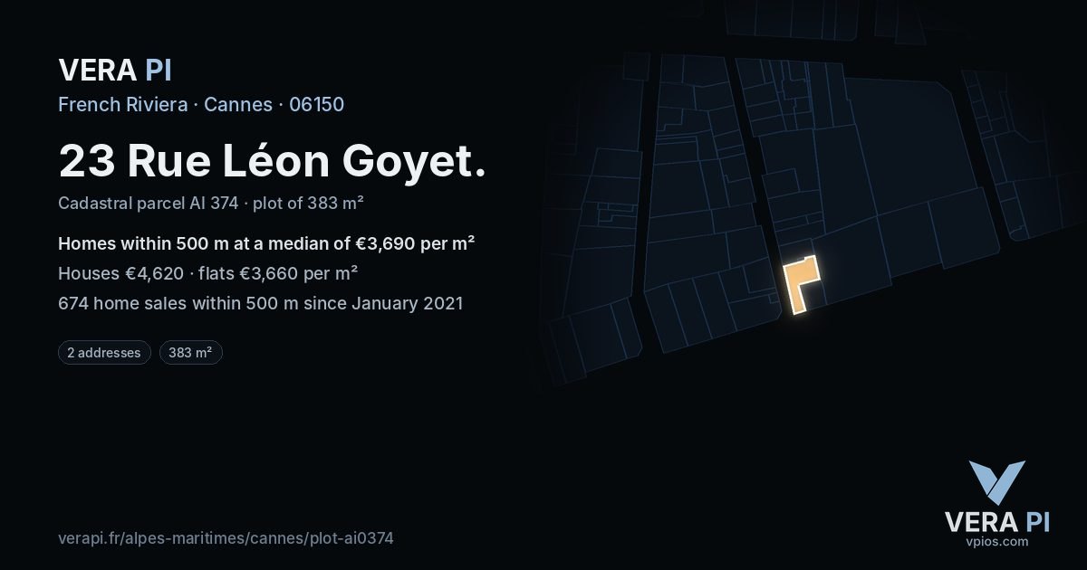 23 Rue Léon Goyet, Cannes at night – the plot lit, the parcels around coloured by the prices near them