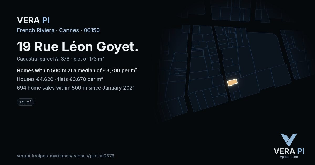 19 Rue Léon Goyet, Cannes at night – the plot lit, the parcels around coloured by the prices near them