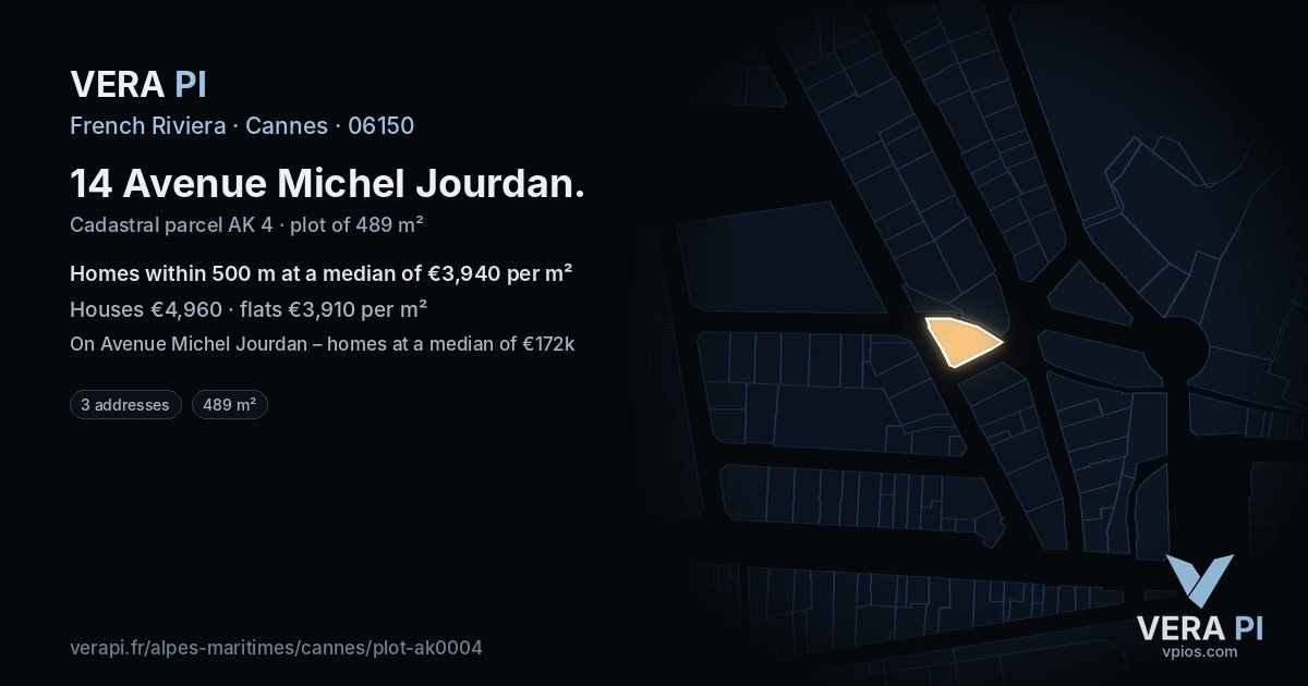14 Avenue Michel Jourdan, Cannes at night – the plot lit, the parcels around coloured by the prices near them