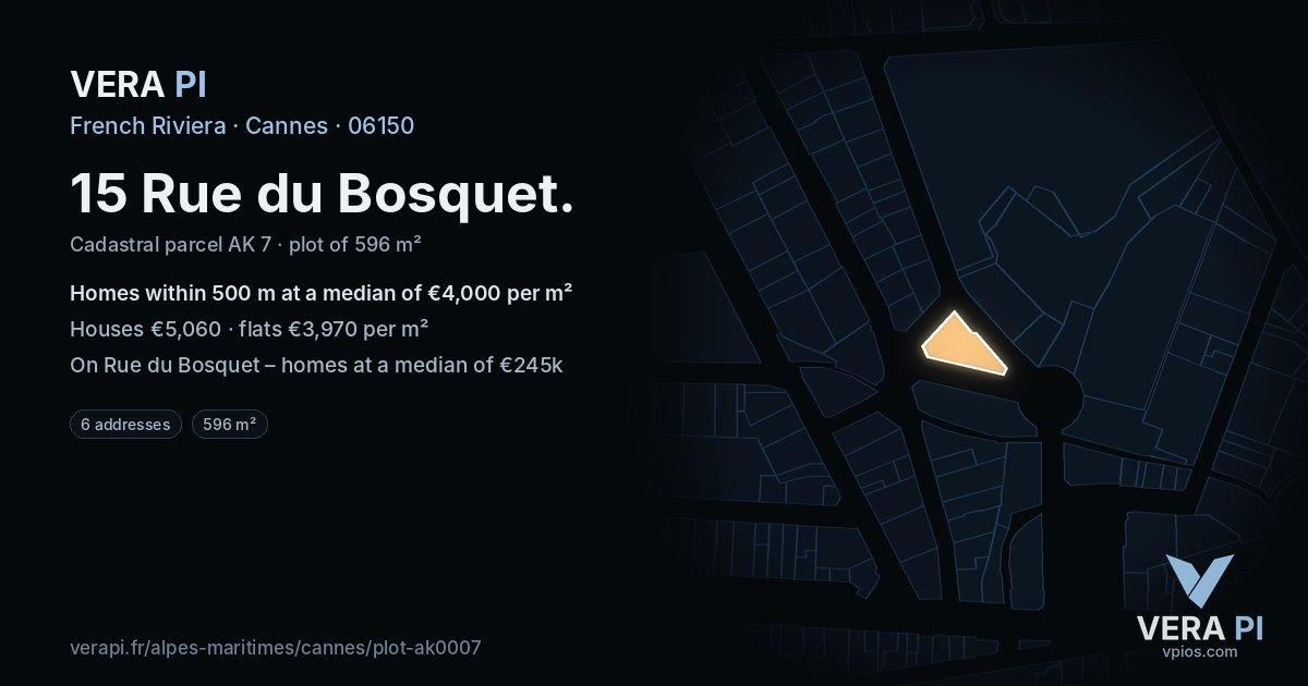 15 Rue du Bosquet, Cannes at night – the plot lit, the parcels around coloured by the prices near them