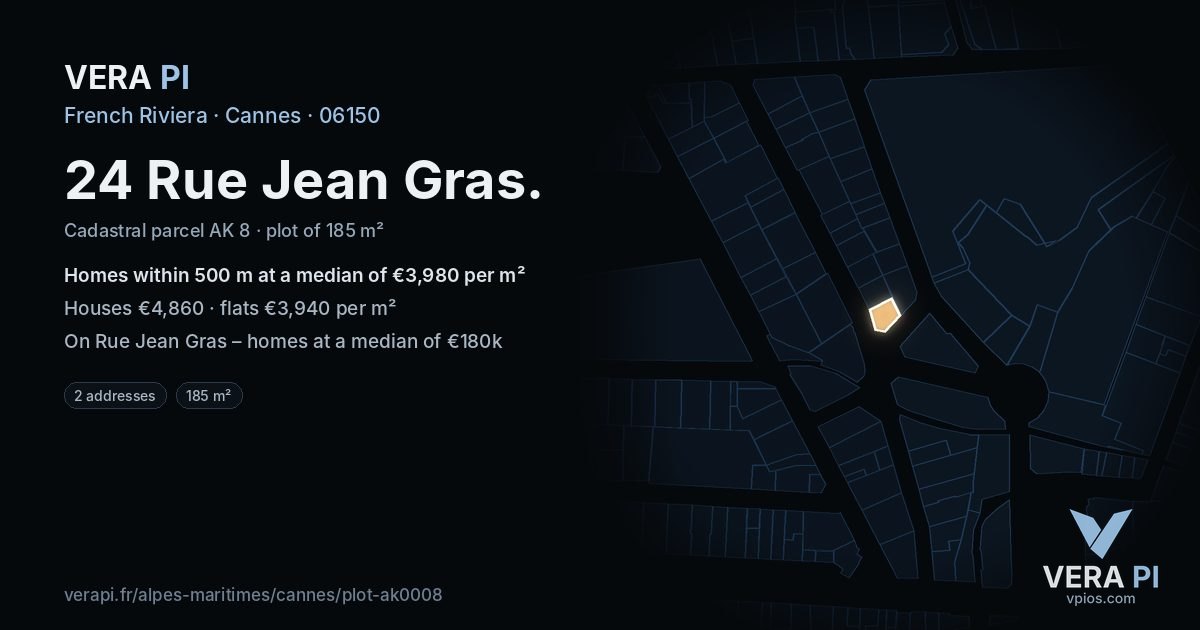 24 Rue Jean Gras, Cannes at night – the plot lit, the parcels around coloured by the prices near them