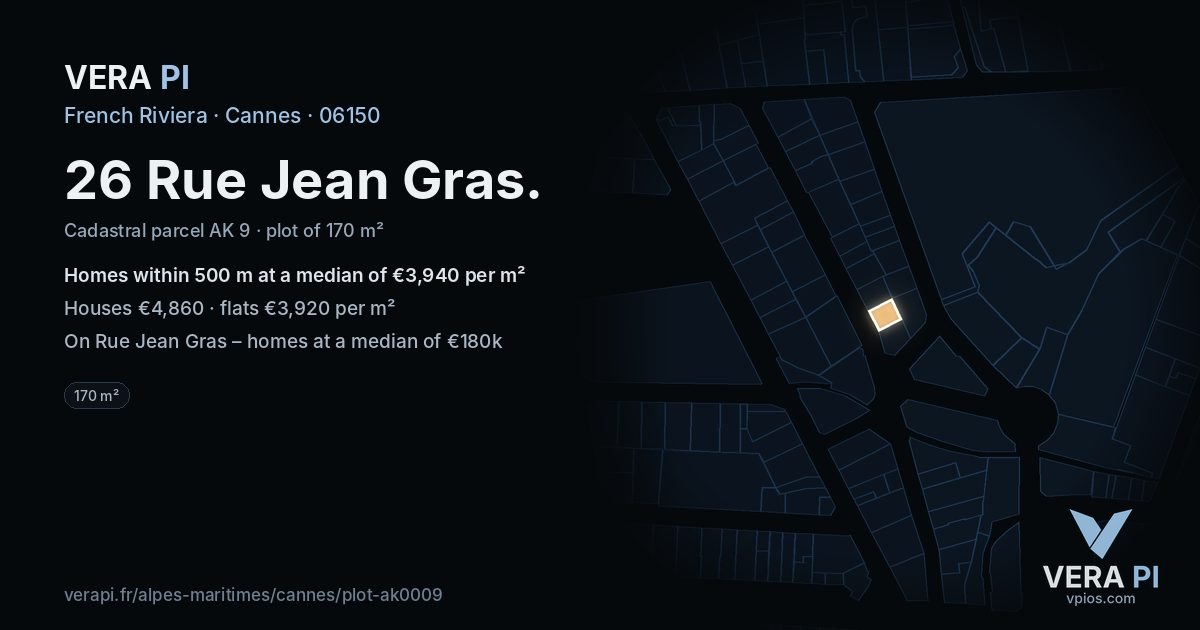 26 Rue Jean Gras, Cannes at night – the plot lit, the parcels around coloured by the prices near them