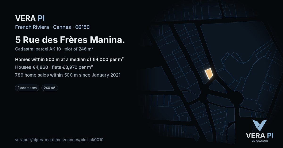 5 Rue des Frères Manina, Cannes at night – the plot lit, the parcels around coloured by the prices near them