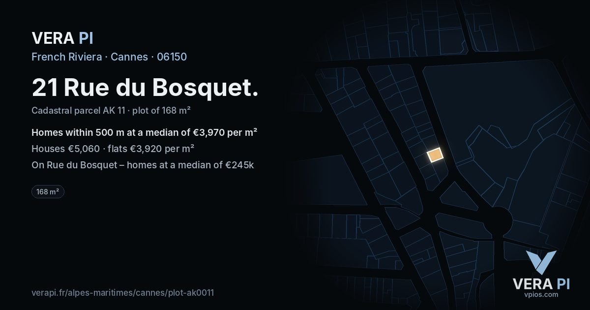 21 Rue du Bosquet, Cannes at night – the plot lit, the parcels around coloured by the prices near them