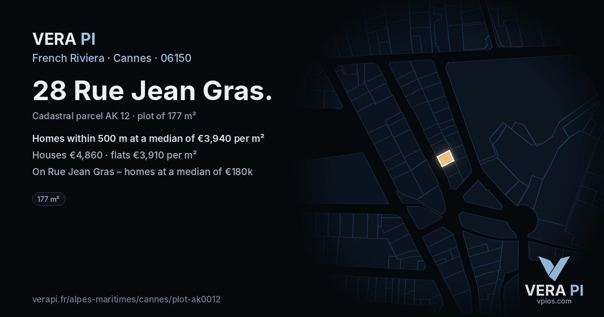 28 Rue Jean Gras, Cannes at night – the plot lit, the parcels around coloured by the prices near them