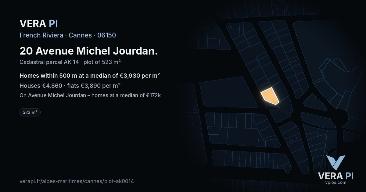 20 Avenue Michel Jourdan, Cannes at night – the plot lit, the parcels around coloured by the prices near them