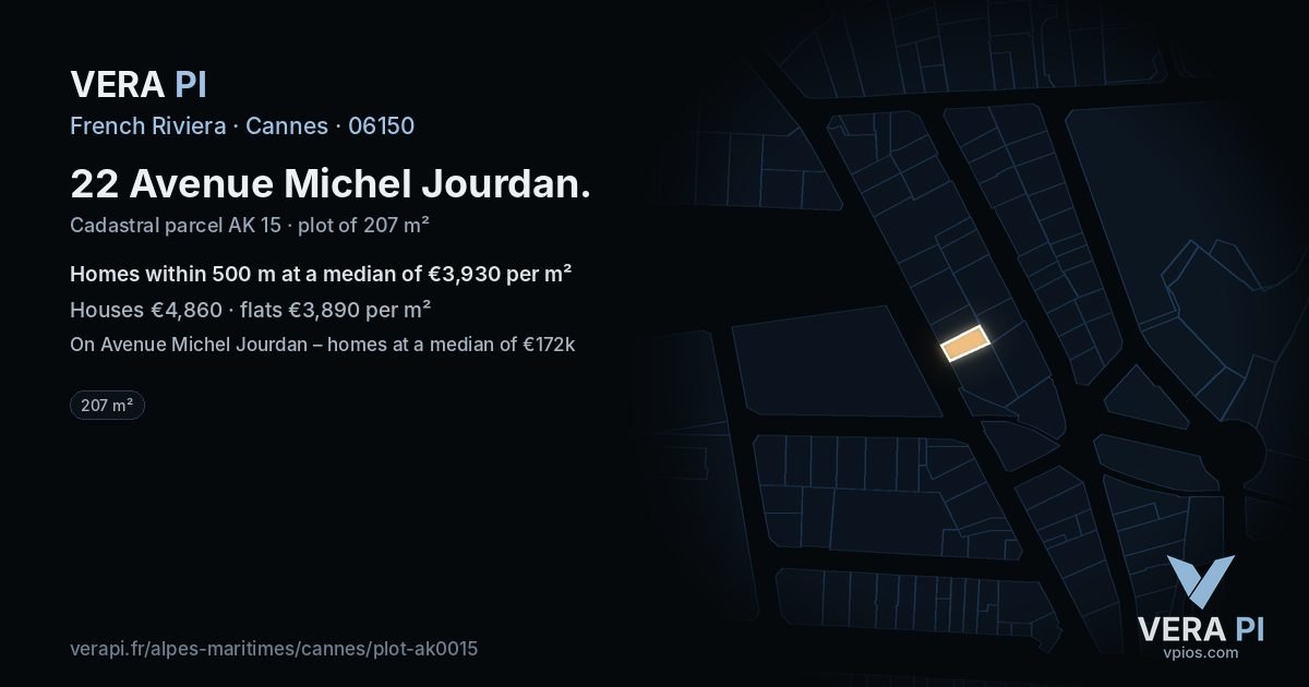 22 Avenue Michel Jourdan, Cannes at night – the plot lit, the parcels around coloured by the prices near them