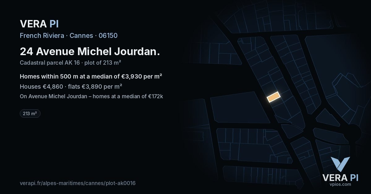 24 Avenue Michel Jourdan, Cannes at night – the plot lit, the parcels around coloured by the prices near them
