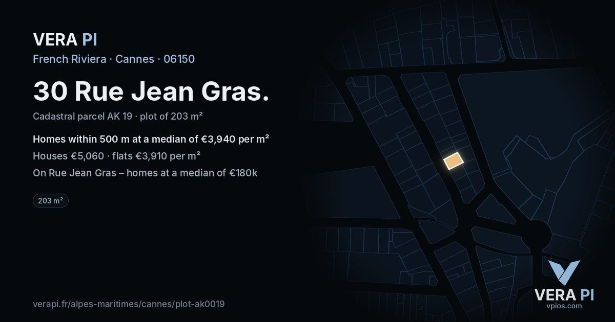 30 Rue Jean Gras, Cannes at night – the plot lit, the parcels around coloured by the prices near them