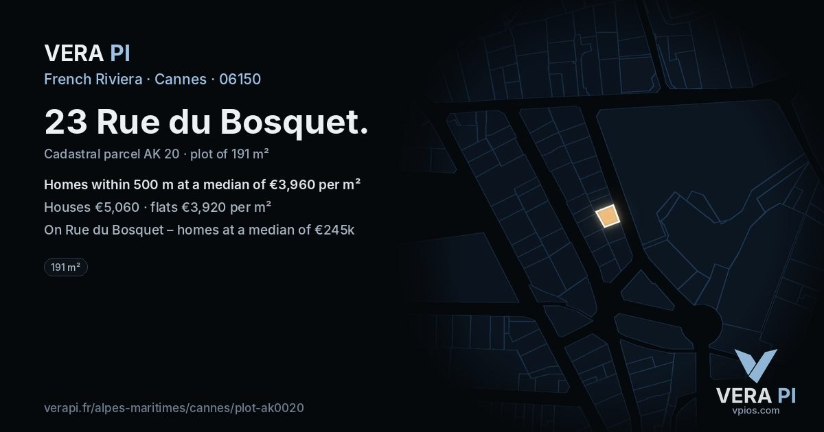23 Rue du Bosquet, Cannes at night – the plot lit, the parcels around coloured by the prices near them