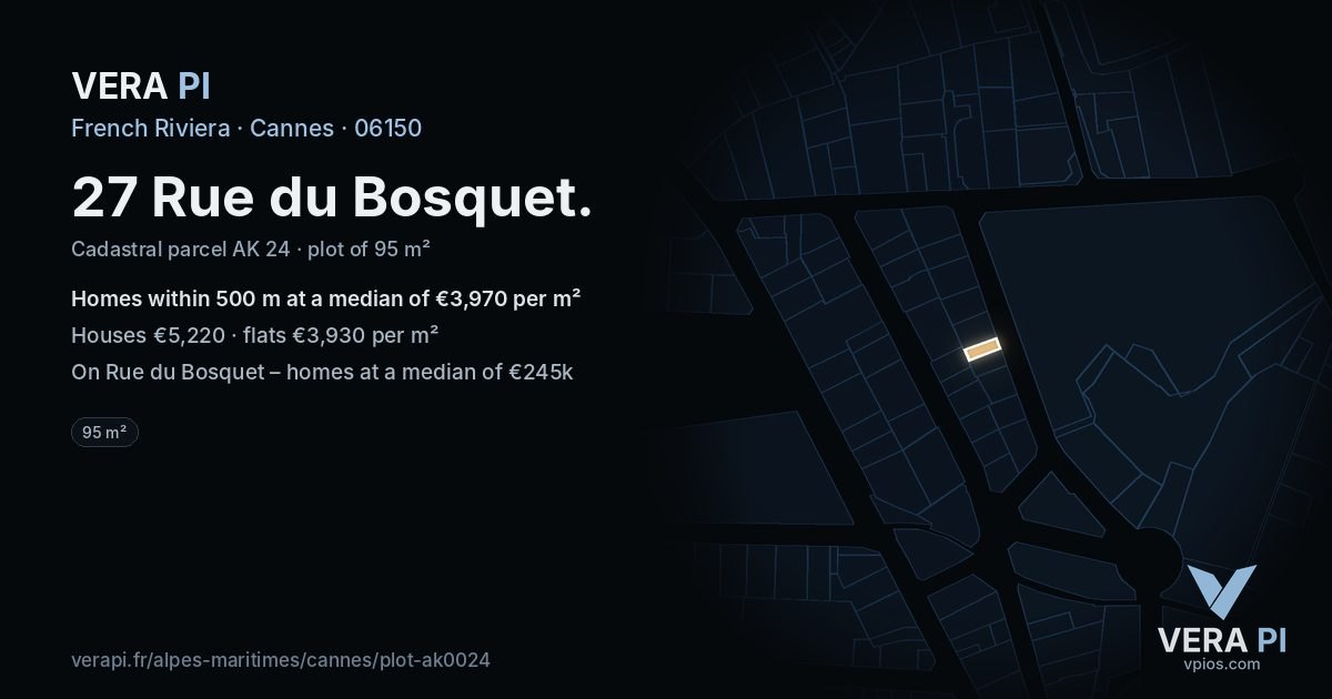 27 Rue du Bosquet, Cannes at night – the plot lit, the parcels around coloured by the prices near them