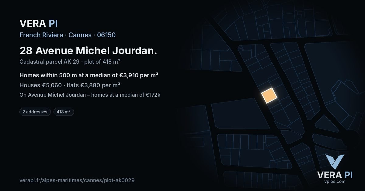 28 Avenue Michel Jourdan, Cannes at night – the plot lit, the parcels around coloured by the prices near them
