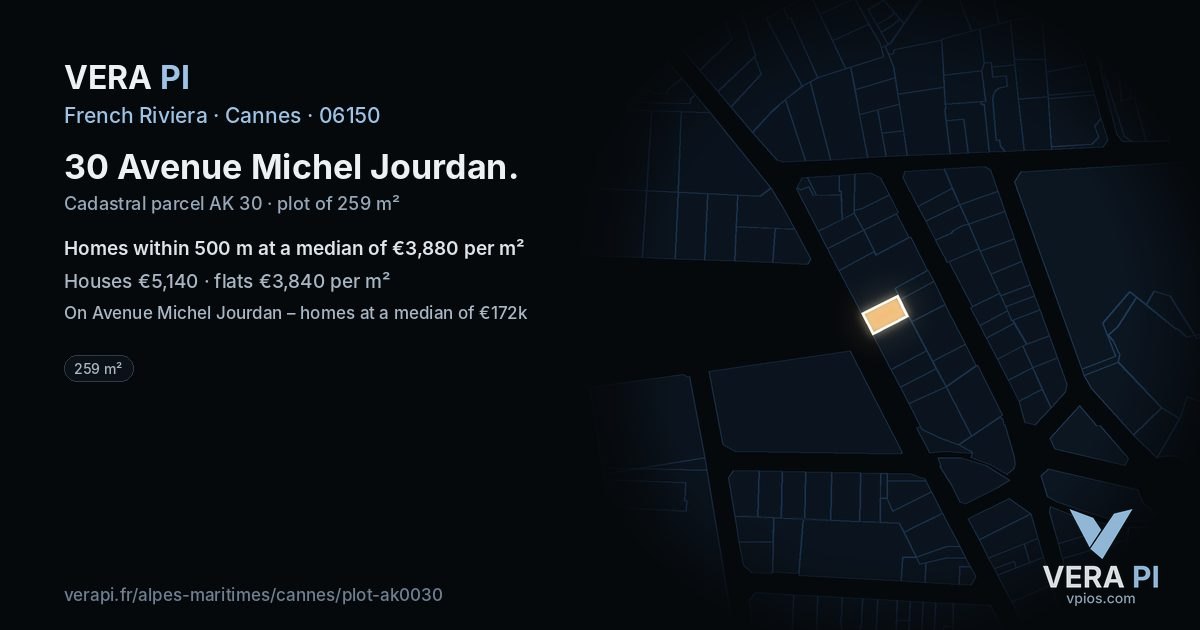 30 Avenue Michel Jourdan, Cannes at night – the plot lit, the parcels around coloured by the prices near them