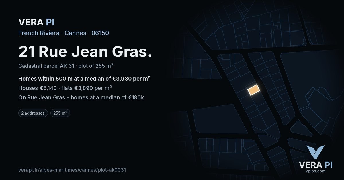 21 Rue Jean Gras, Cannes at night – the plot lit, the parcels around coloured by the prices near them