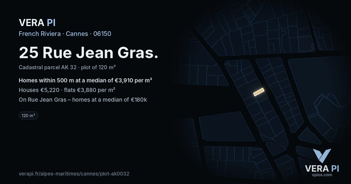 25 Rue Jean Gras, Cannes at night – the plot lit, the parcels around coloured by the prices near them