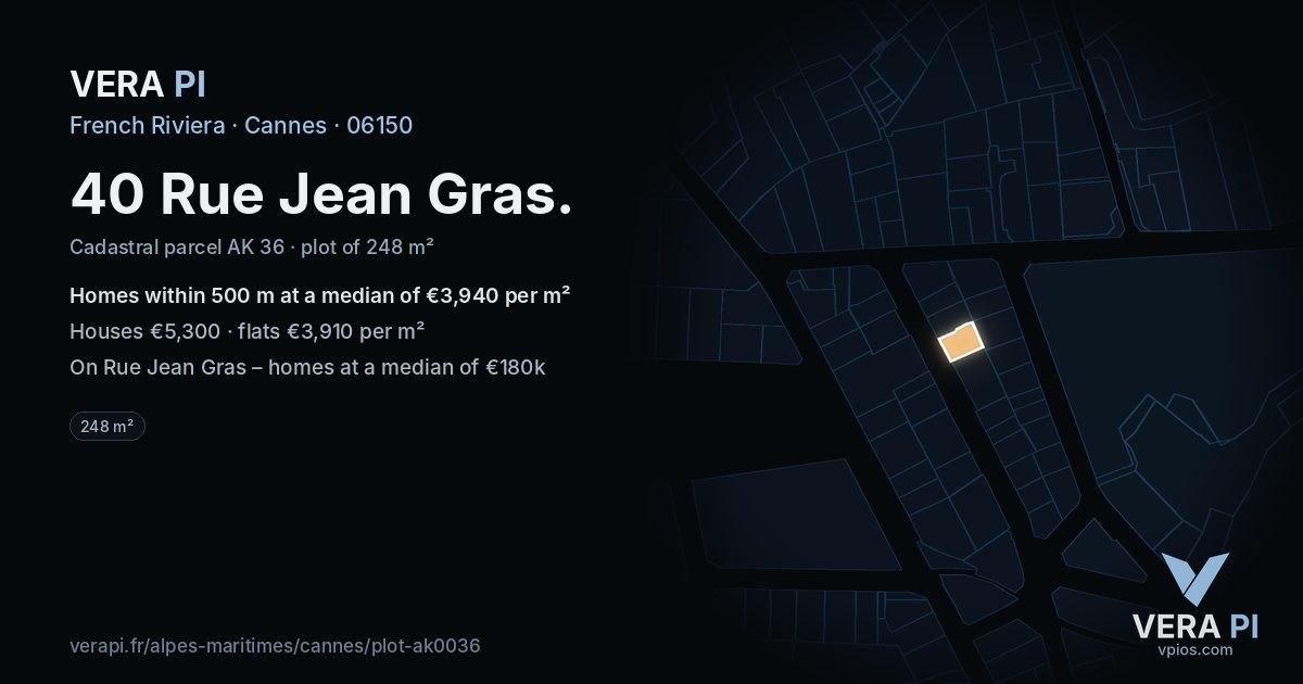40 Rue Jean Gras, Cannes at night – the plot lit, the parcels around coloured by the prices near them