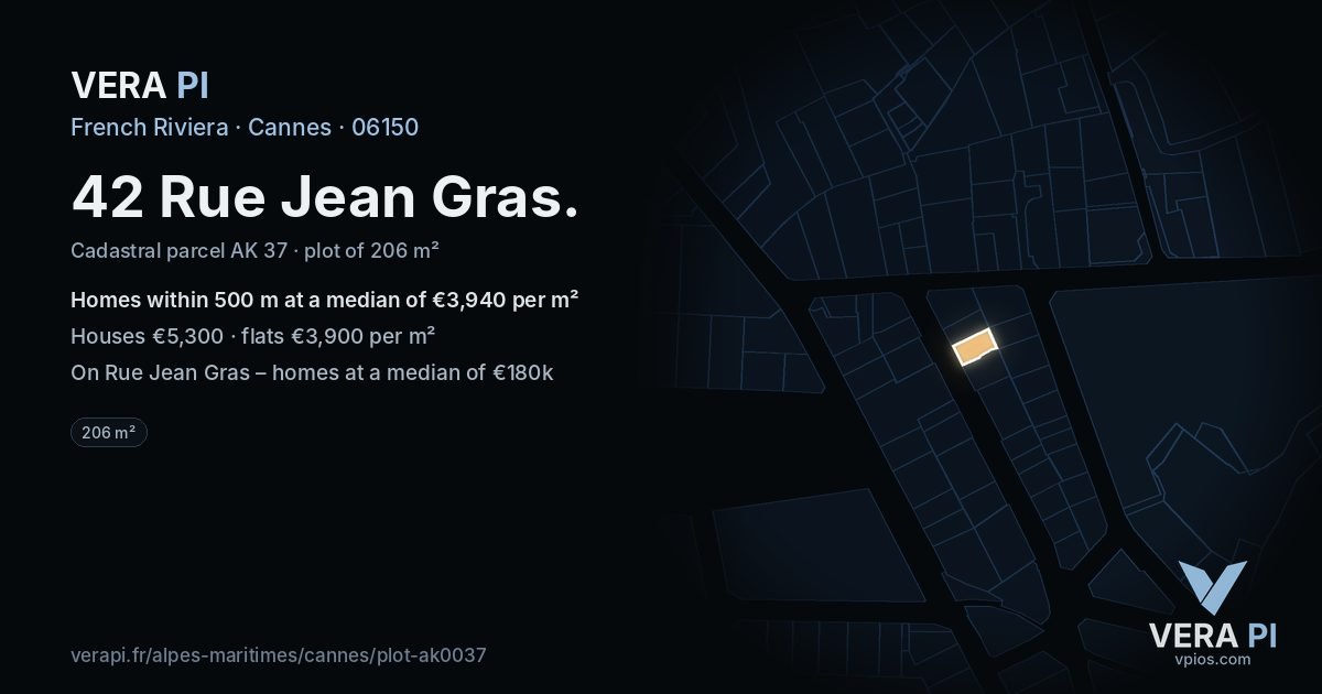42 Rue Jean Gras, Cannes at night – the plot lit, the parcels around coloured by the prices near them
