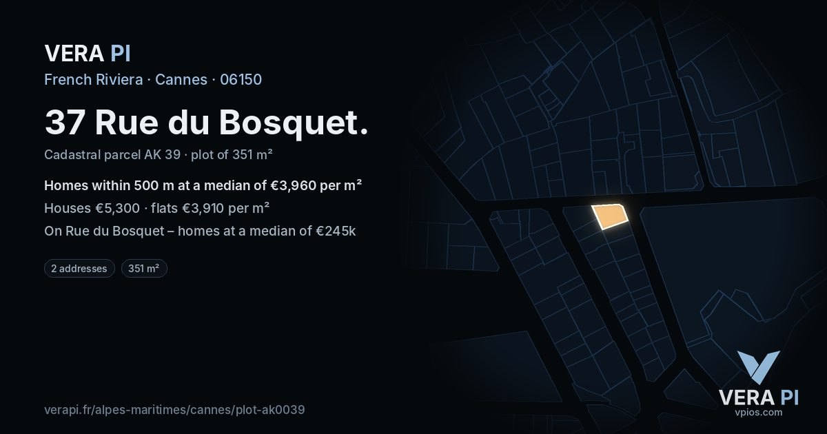 37 Rue du Bosquet, Cannes at night – the plot lit, the parcels around coloured by the prices near them