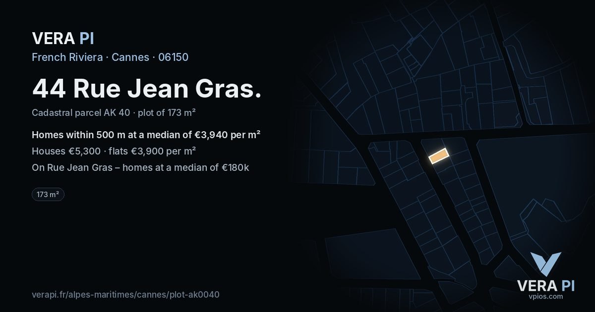 44 Rue Jean Gras, Cannes at night – the plot lit, the parcels around coloured by the prices near them