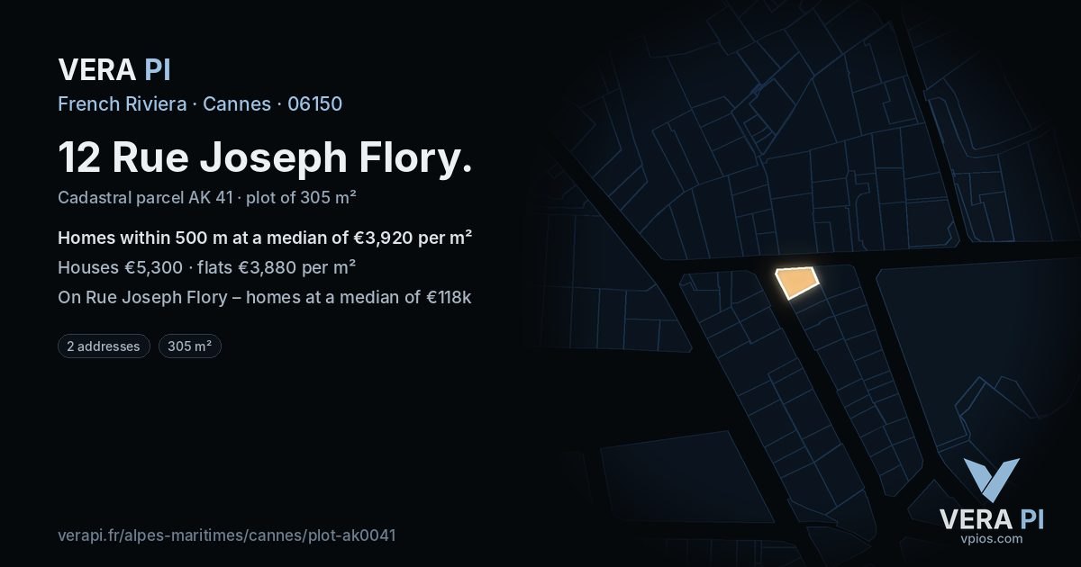 12 Rue Joseph Flory, Cannes at night – the plot lit, the parcels around coloured by the prices near them