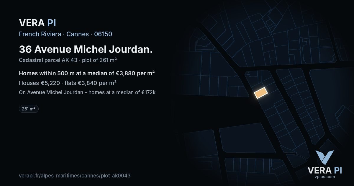 36 Avenue Michel Jourdan, Cannes at night – the plot lit, the parcels around coloured by the prices near them