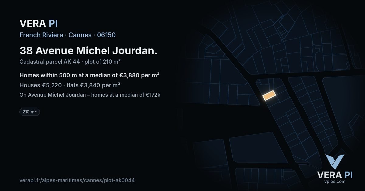 38 Avenue Michel Jourdan, Cannes at night – the plot lit, the parcels around coloured by the prices near them