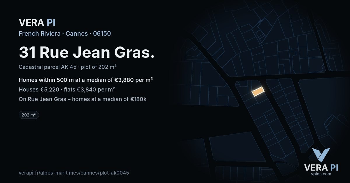 31 Rue Jean Gras, Cannes at night – the plot lit, the parcels around coloured by the prices near them