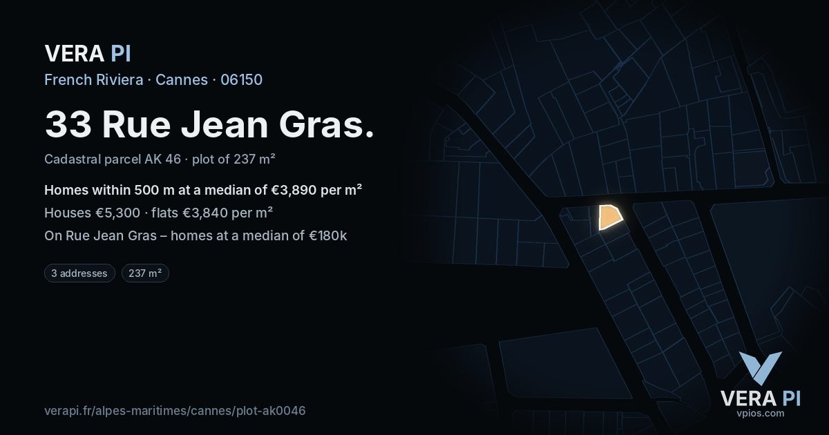 33 Rue Jean Gras, Cannes at night – the plot lit, the parcels around coloured by the prices near them