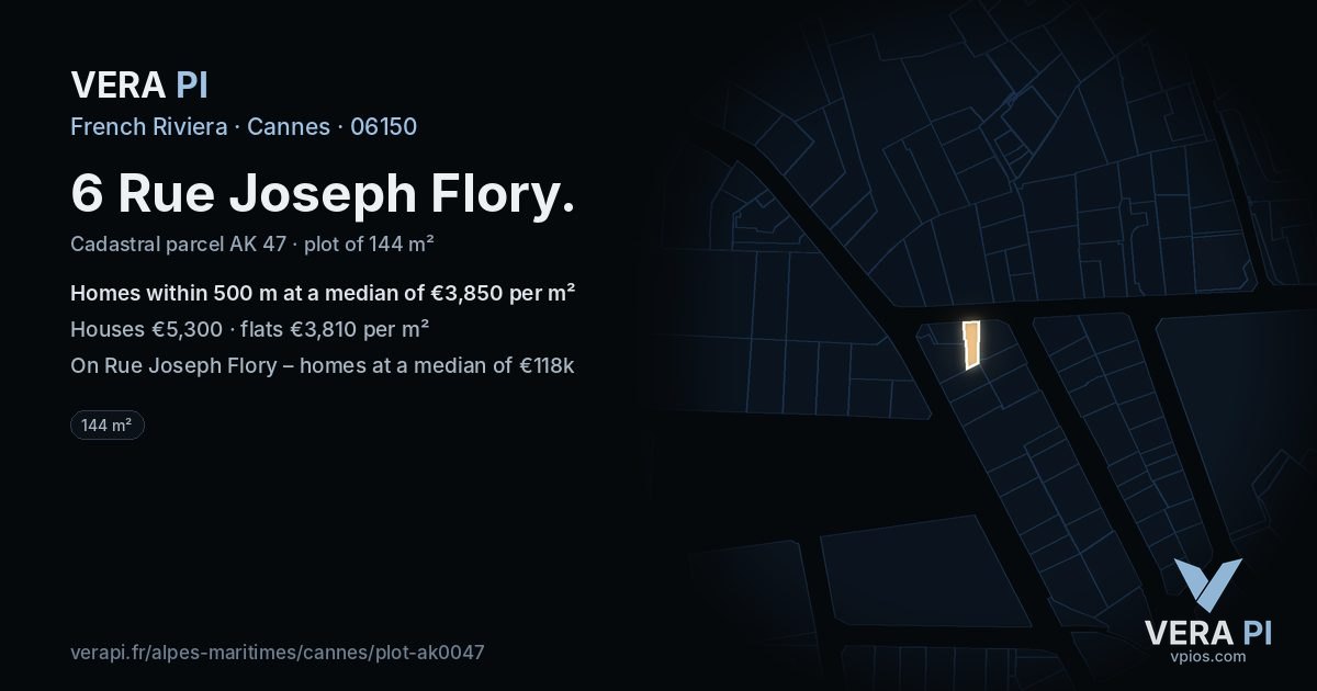 6 Rue Joseph Flory, Cannes at night – the plot lit, the parcels around coloured by the prices near them