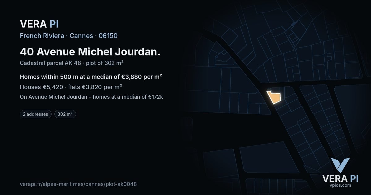 40 Avenue Michel Jourdan, Cannes at night – the plot lit, the parcels around coloured by the prices near them