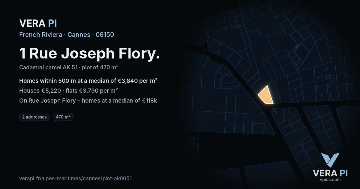 1 Rue Joseph Flory, Cannes at night – the plot lit, the parcels around coloured by the prices near them