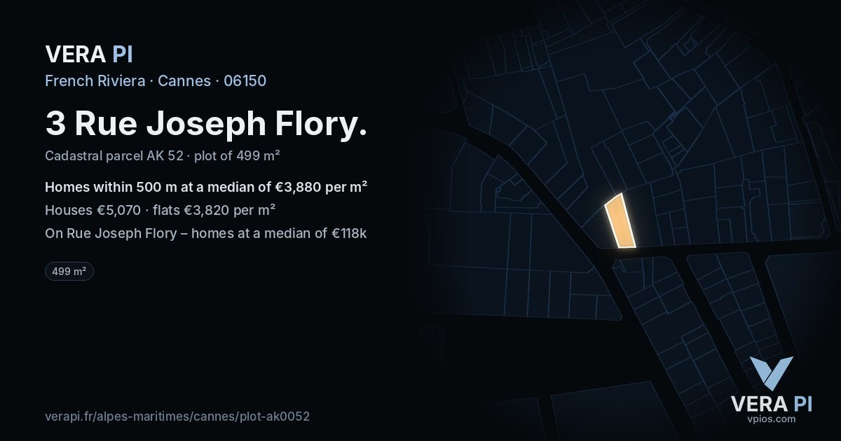 3 Rue Joseph Flory, Cannes at night – the plot lit, the parcels around coloured by the prices near them