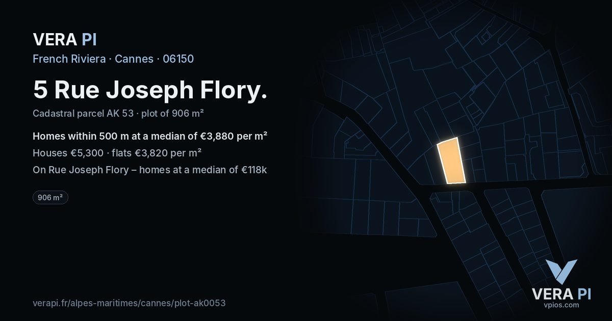 5 Rue Joseph Flory, Cannes at night – the plot lit, the parcels around coloured by the prices near them