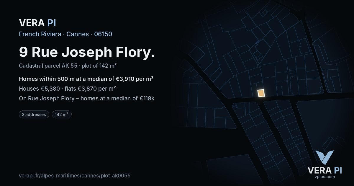 9 Rue Joseph Flory, Cannes at night – the plot lit, the parcels around coloured by the prices near them
