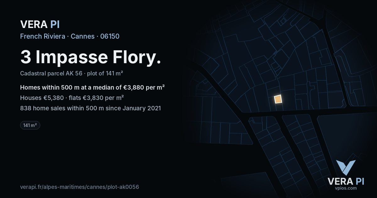 3 Impasse Flory, Cannes at night – the plot lit, the parcels around coloured by the prices near them