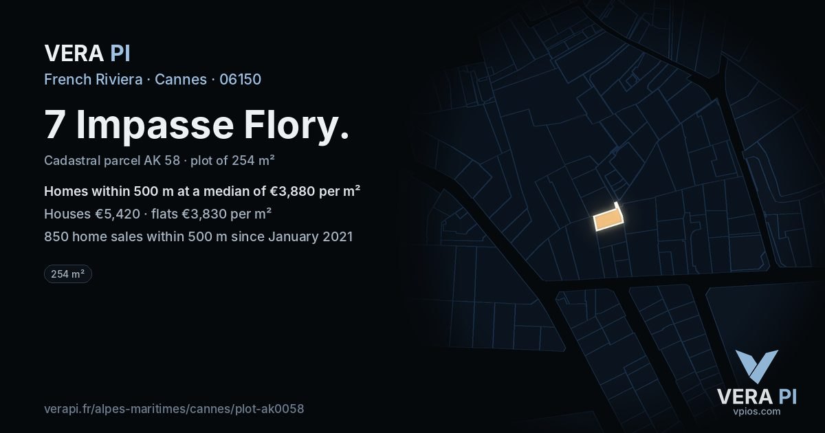 7 Impasse Flory, Cannes at night – the plot lit, the parcels around coloured by the prices near them