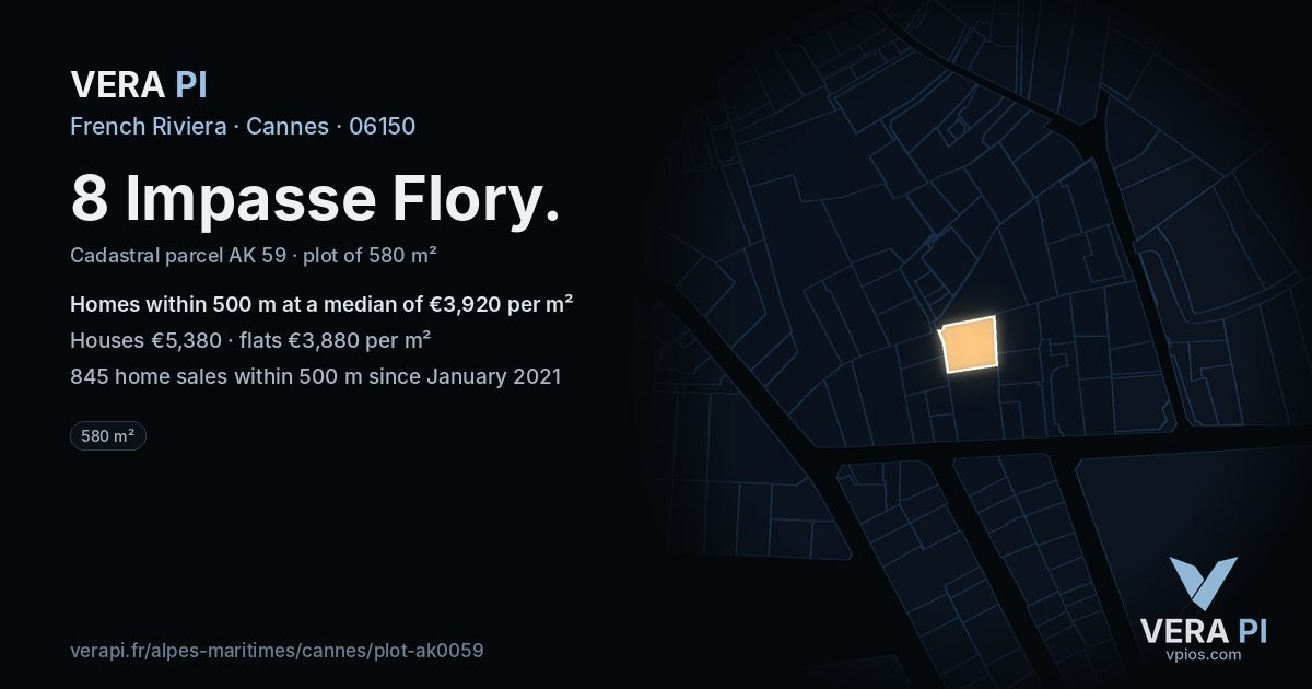 8 Impasse Flory, Cannes at night – the plot lit, the parcels around coloured by the prices near them