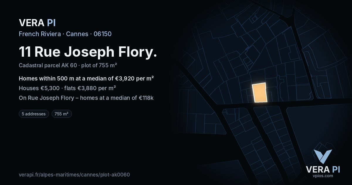 11 Rue Joseph Flory, Cannes at night – the plot lit, the parcels around coloured by the prices near them
