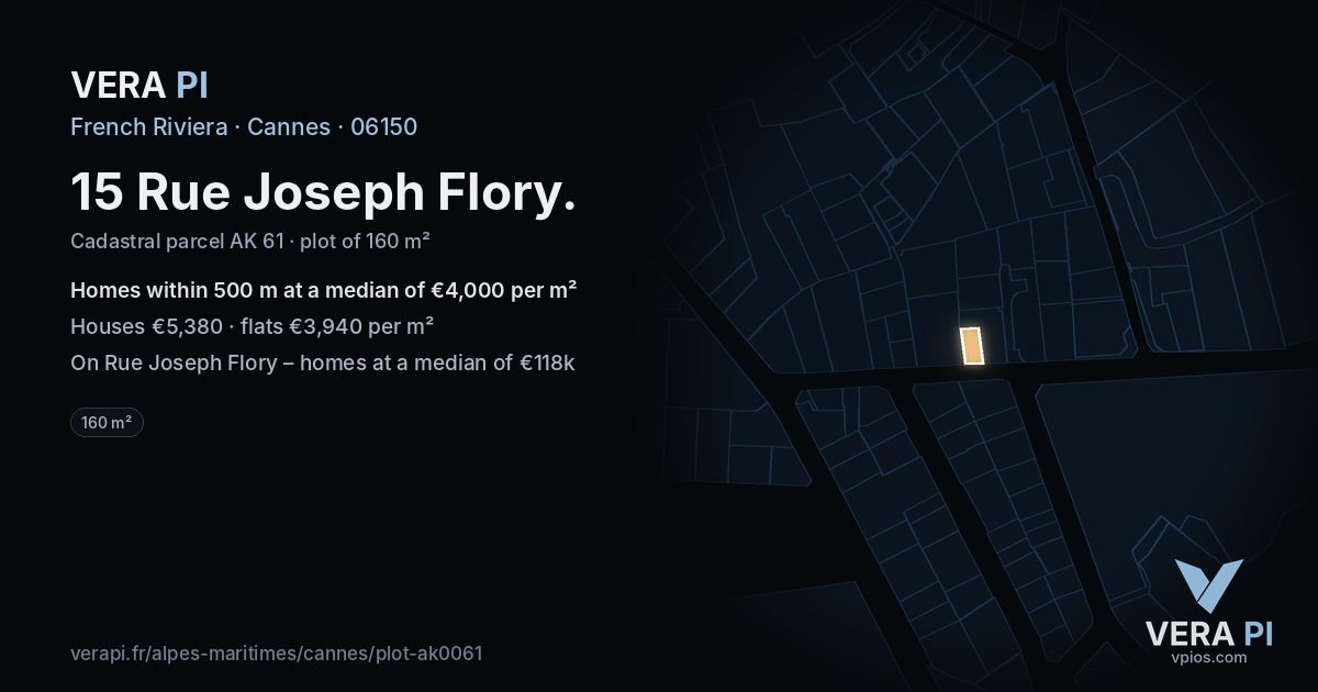 15 Rue Joseph Flory, Cannes at night – the plot lit, the parcels around coloured by the prices near them