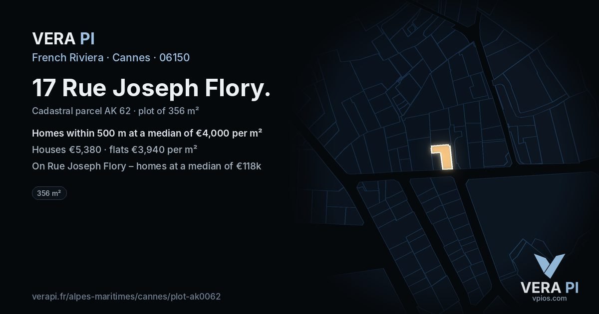 17 Rue Joseph Flory, Cannes at night – the plot lit, the parcels around coloured by the prices near them
