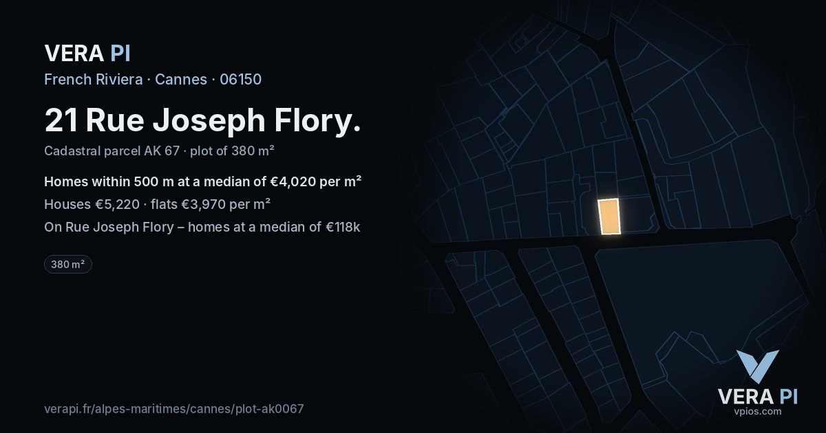 21 Rue Joseph Flory, Cannes at night – the plot lit, the parcels around coloured by the prices near them