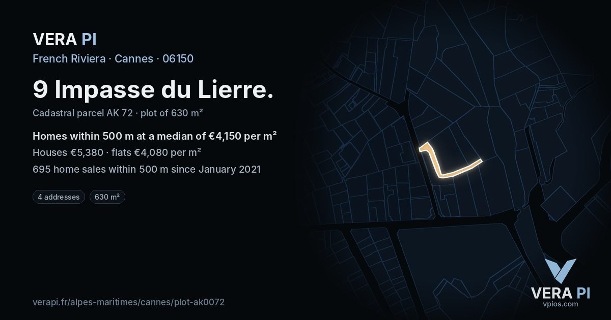 9 Impasse du Lierre, Cannes at night – the plot lit, the parcels around coloured by the prices near them