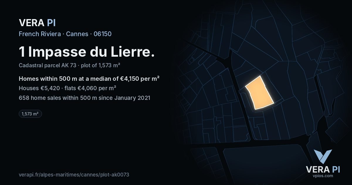 1 Impasse du Lierre, Cannes at night – the plot lit, the parcels around coloured by the prices near them
