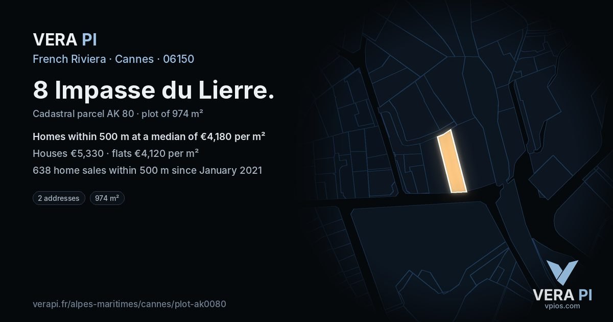 8 Impasse du Lierre, Cannes at night – the plot lit, the parcels around coloured by the prices near them