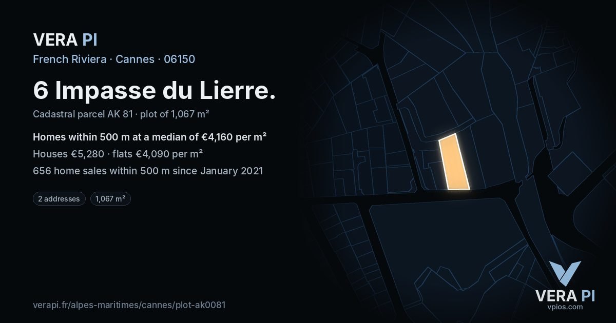 6 Impasse du Lierre, Cannes at night – the plot lit, the parcels around coloured by the prices near them