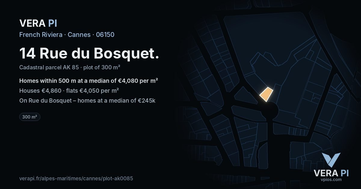 14 Rue du Bosquet, Cannes at night – the plot lit, the parcels around coloured by the prices near them