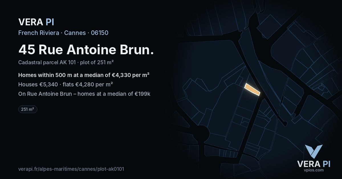 45 Rue Antoine Brun, Cannes at night – the plot lit, the parcels around coloured by the prices near them