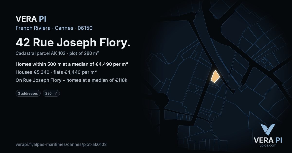42 Rue Joseph Flory, Cannes at night – the plot lit, the parcels around coloured by the prices near them